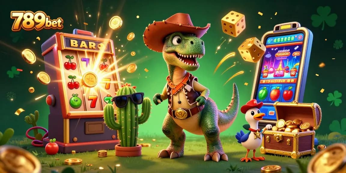 Win big at 789bet with engaging slots and casino games featuring a lively T-Rex and friends.