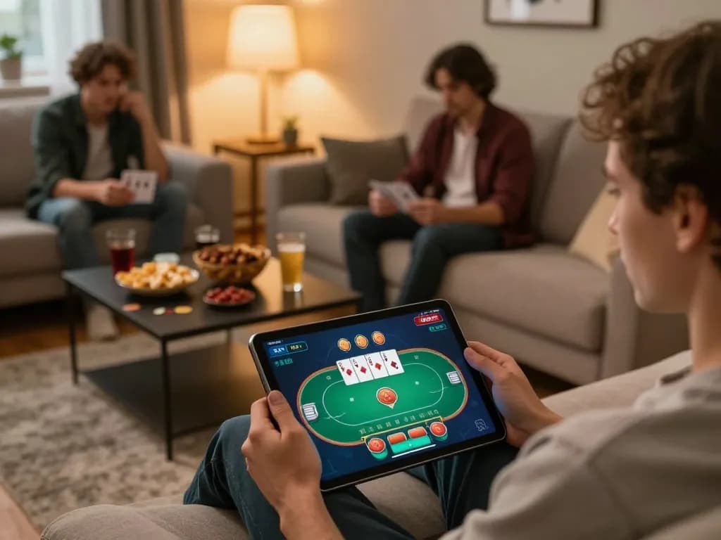 mm88 player enjoying a poker game on tablet at home with engaging atmosphere and snacks.