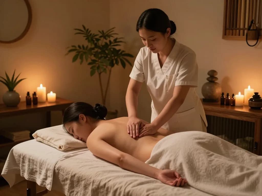 Relaxing 부전동마사지 session in tranquil spa, featuring essential oils and soothing ambiance.