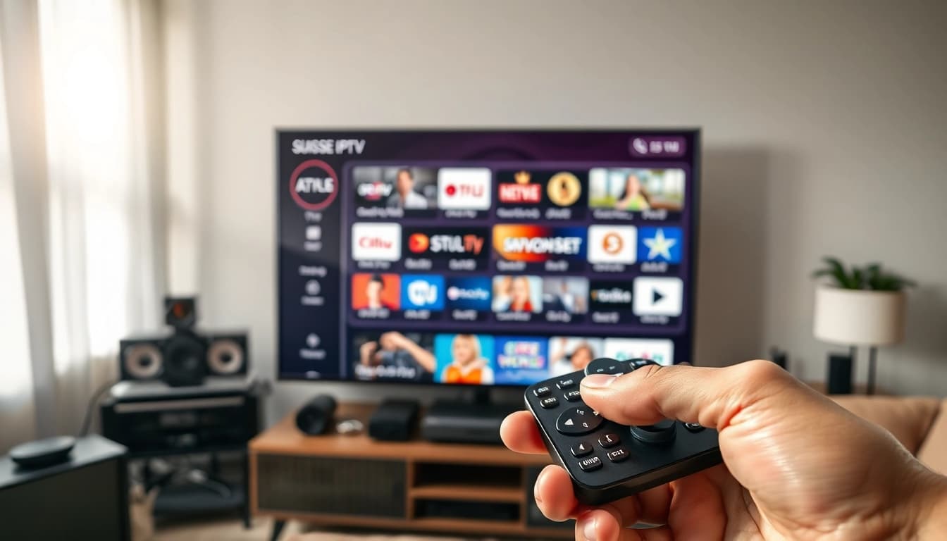 Suisse IPTV setup with remote control showcasing streaming options in a cozy living room.