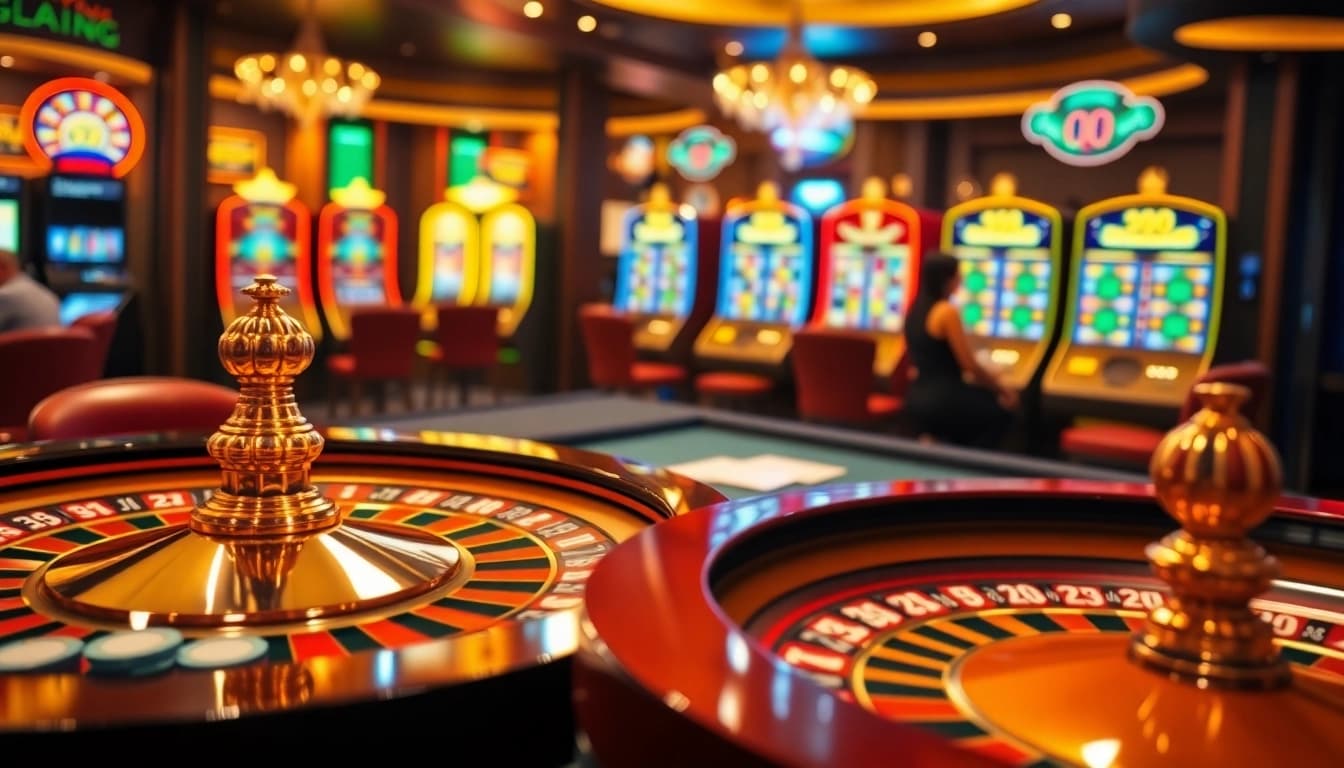 Une scène de casino animée mettant en avant l'expérience fiable de casino en ligne fiable avec des éléments de roulette et de poker.