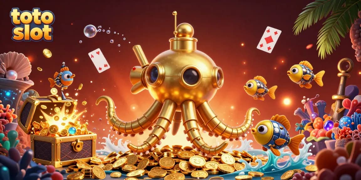 Spin the reels of the thrilling toto slot adventure with a golden kraken submarine!