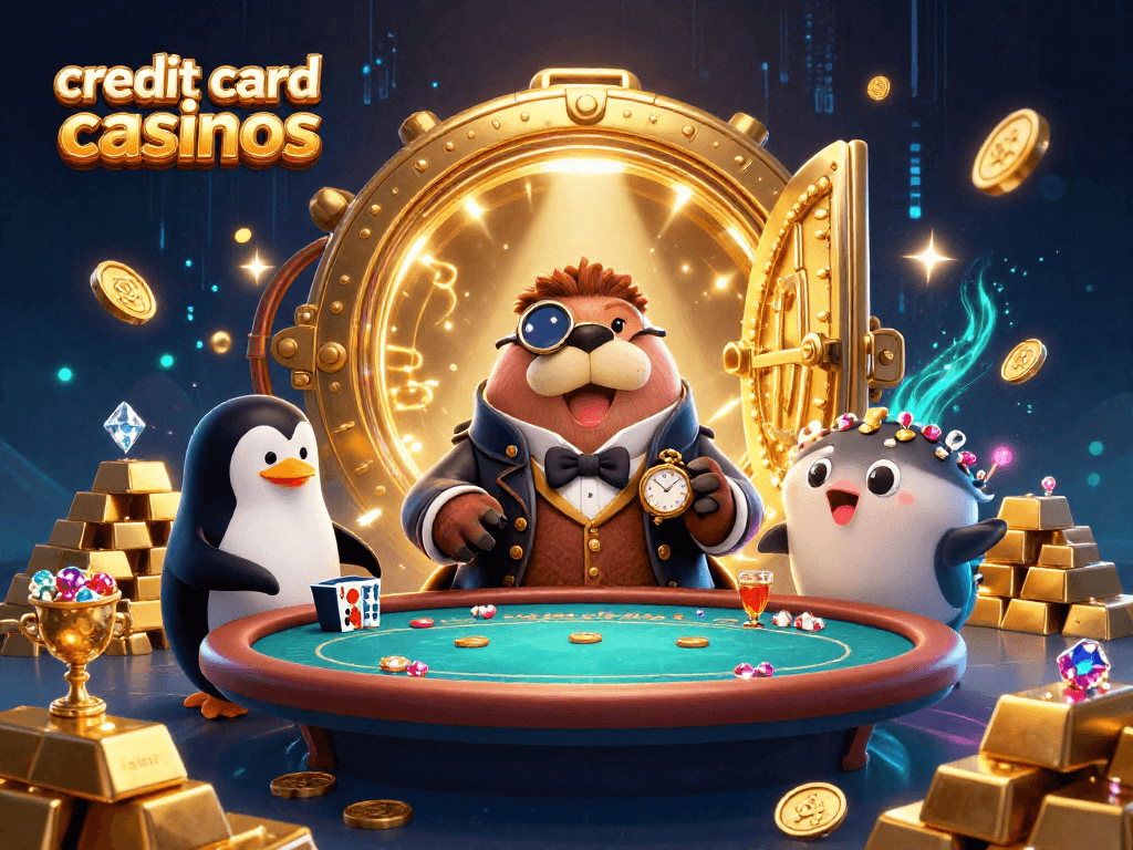 Join the fun at credit card casinos with a jolly walrus playing poker surrounded by treasures.