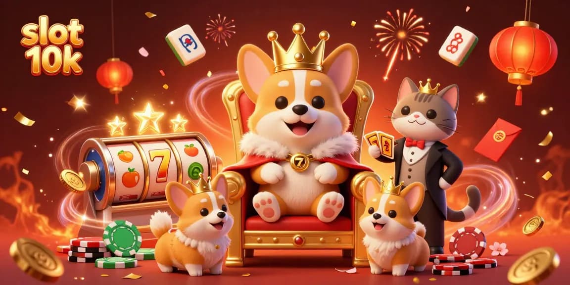 Play and win big with slot 10k, featuring a royal corgi surrounded by vibrant casino elements in a festive atmosphere.