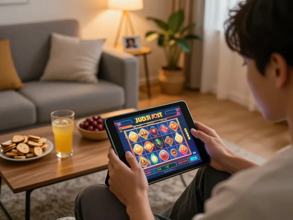 Play judi slot on a tablet in a cozy home setting with snacks and drinks
