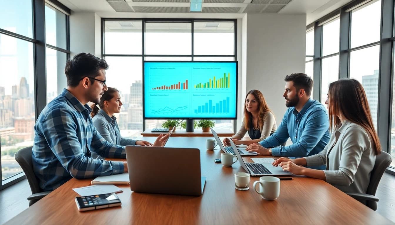 SEO Agentur Düsseldorf optimizes a strategy with a diverse team in a bright office.