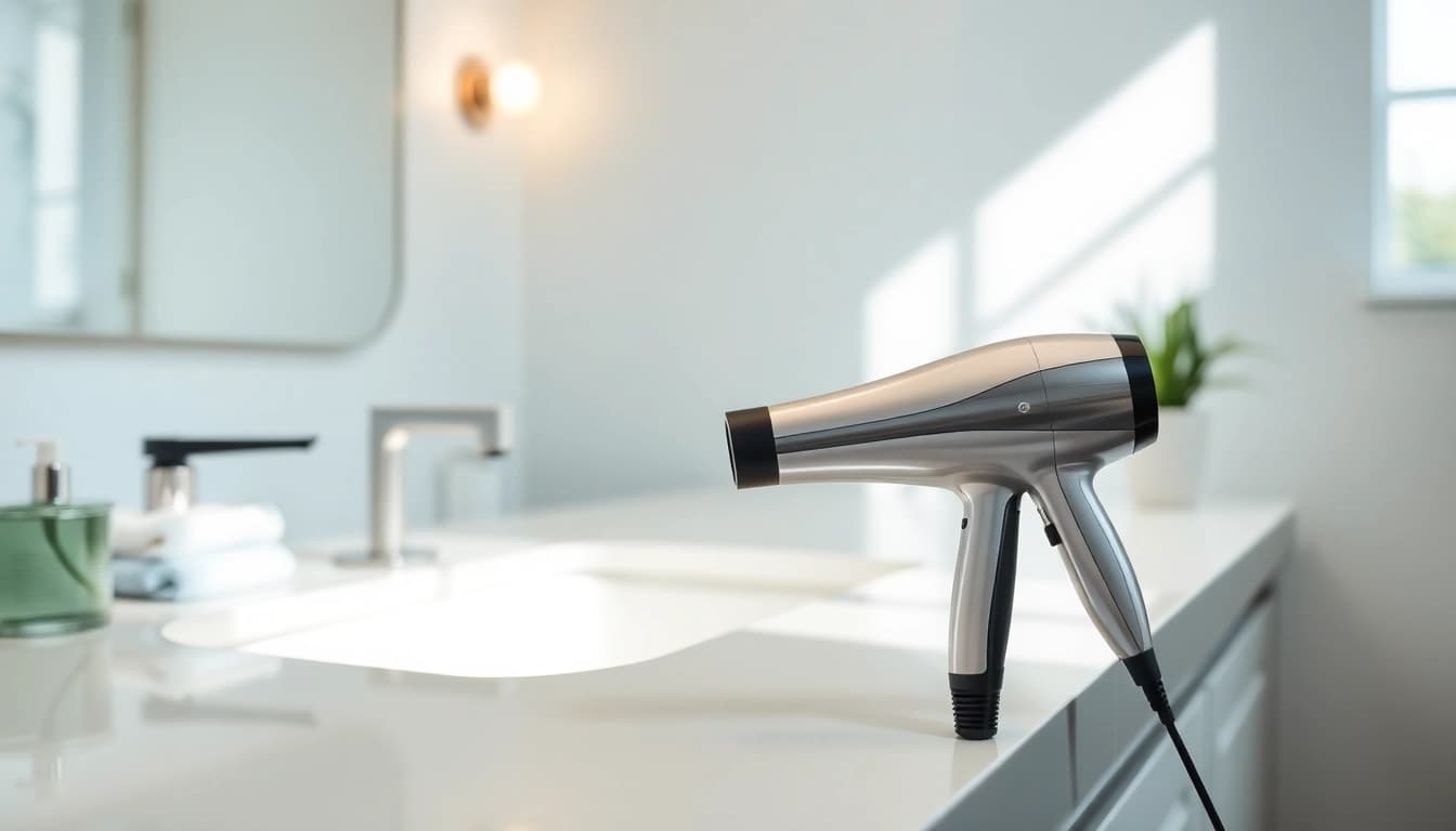 Efficient hair dryer for fine hair displayed on a stylish vanity.