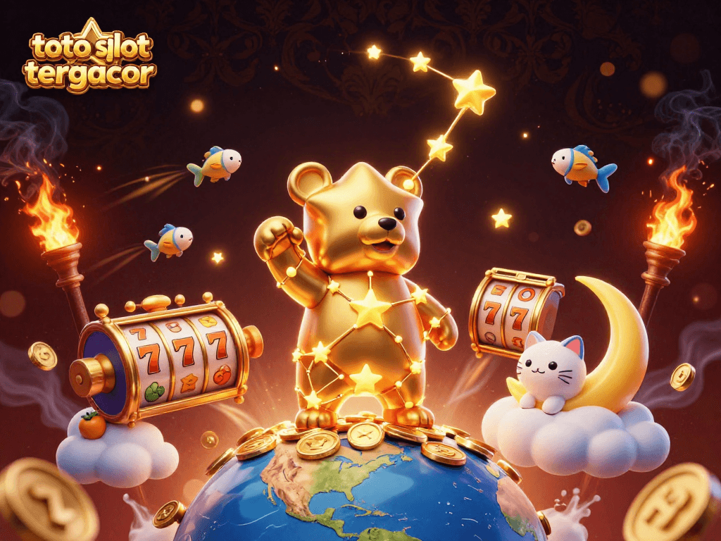 Engage with the excitement of toto slot tergacor showcased in vibrant 3D illustration filled with dynamic casino elements.