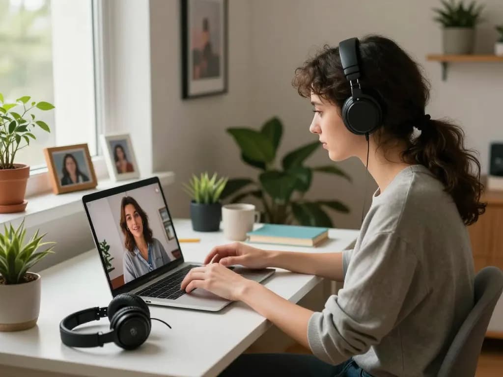 A cozy home office scene showcasing interaction with an AI girlfriend, reflects modern digital relationships.