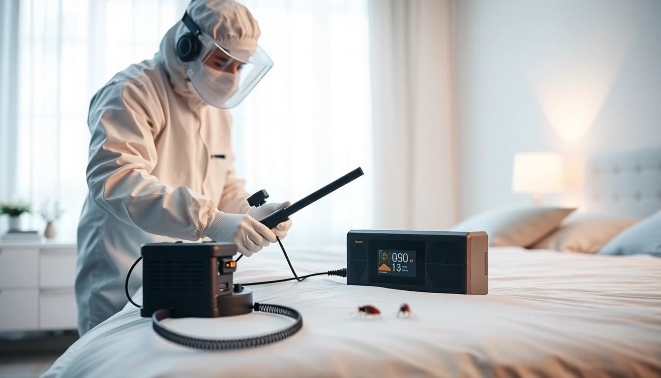 Engaged technician providing bed bug extermination services in a clean bedroom.
