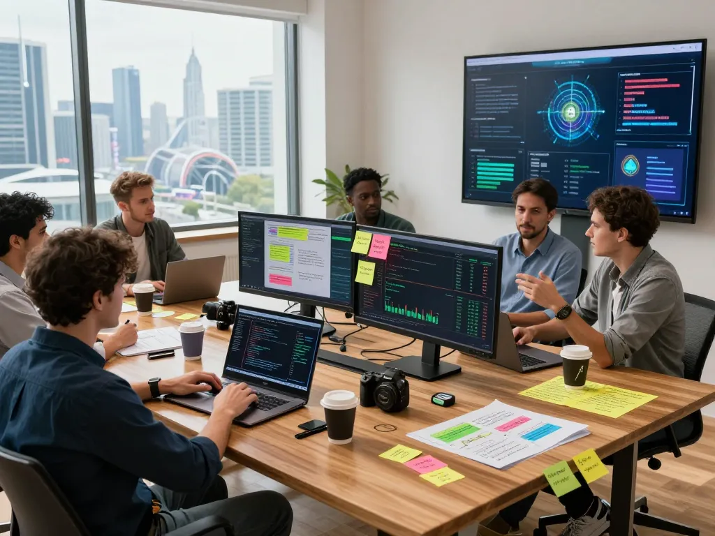 Innovative workspace scene highlighting IODeFi cloud mining strategies with professionals collaborating and advanced tech.