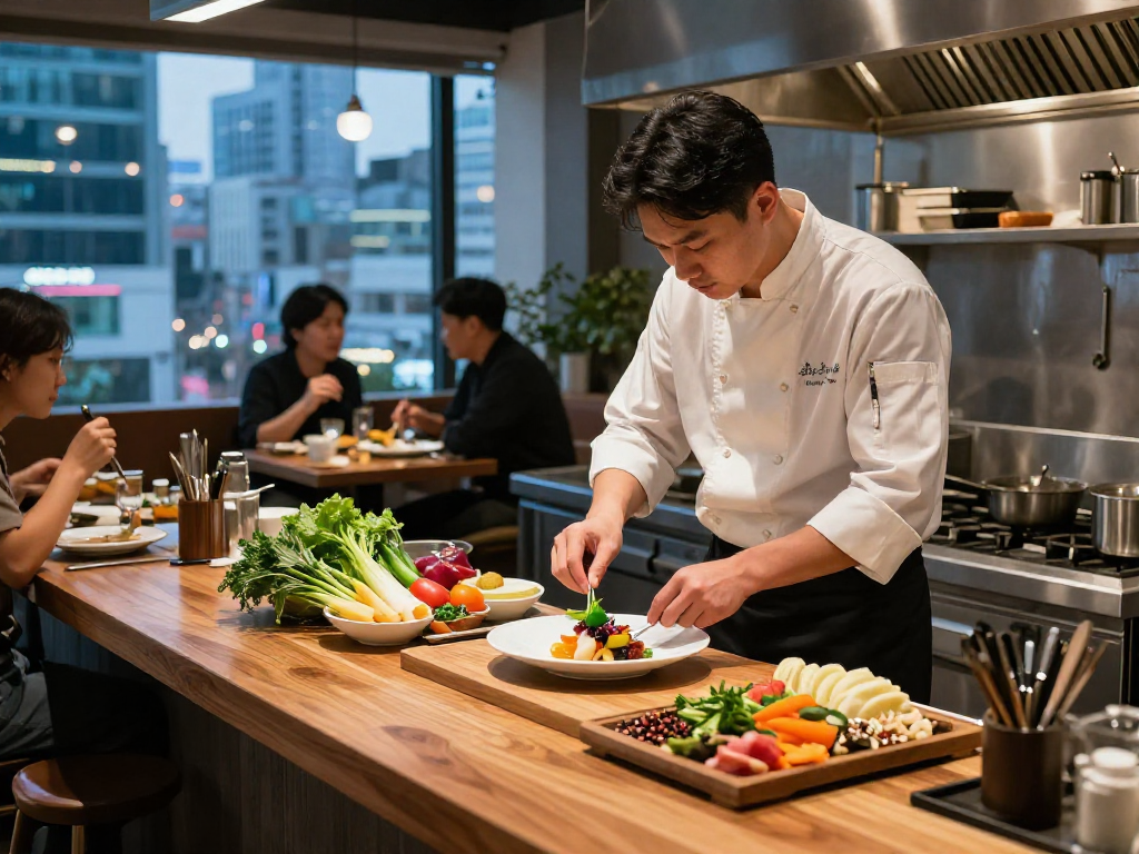 강남 달토의 고급 레스토랑에서 셰프가 요리를 플레이팅하고 있는 모습