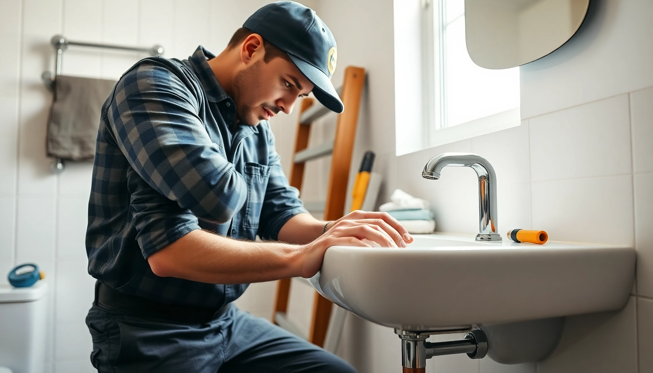 Ein Sanitärinstallateur von sonni sanitär GmbH repariert ein modernes Waschbecken in einem hellen Badezimmer.