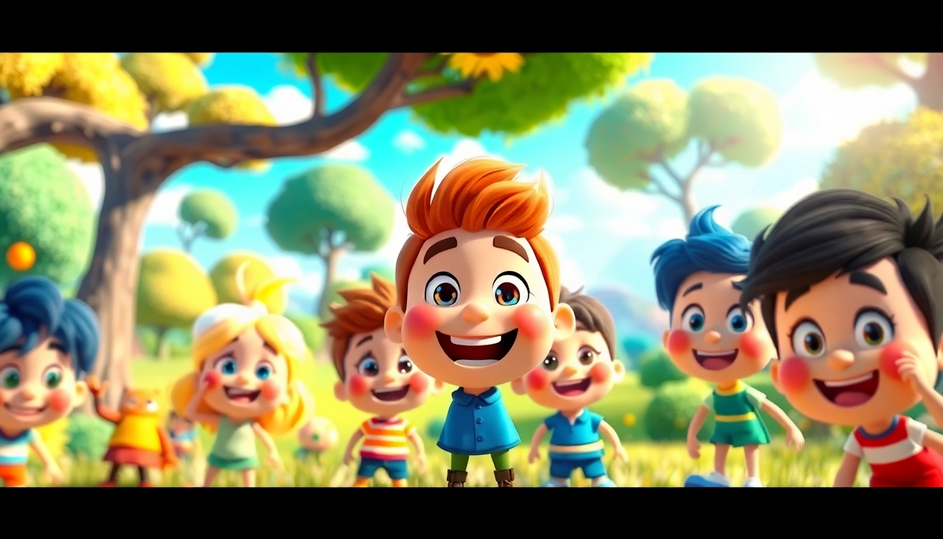 2D Animation characters in a colorful outdoor scene engaging playfully.
