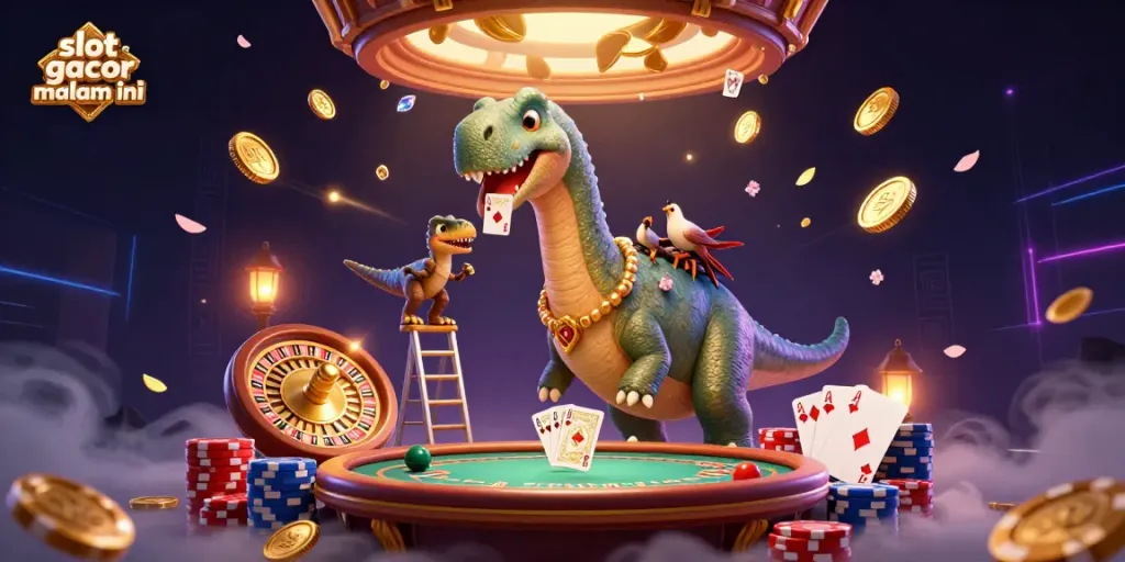 Menemukan slot gacor malam ini dengan ilustrasi kasino yang menarik dan karakter kartun.