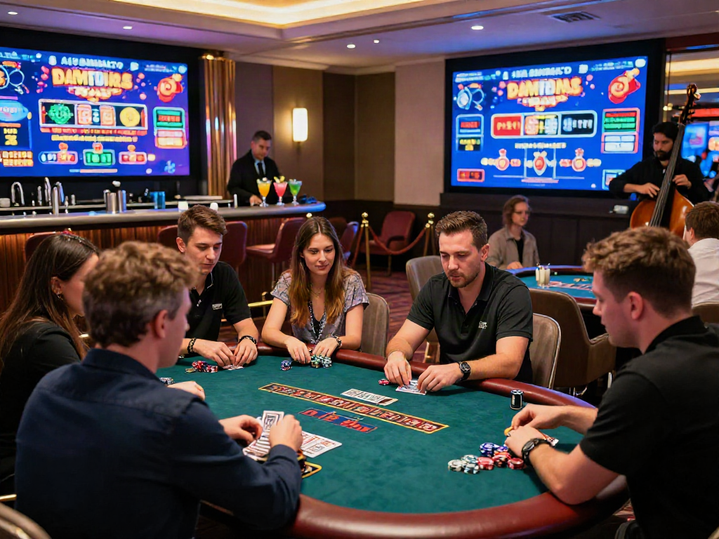 Players enjoying a slot bonus at an upscale casino, with vibrant gaming ambiance.