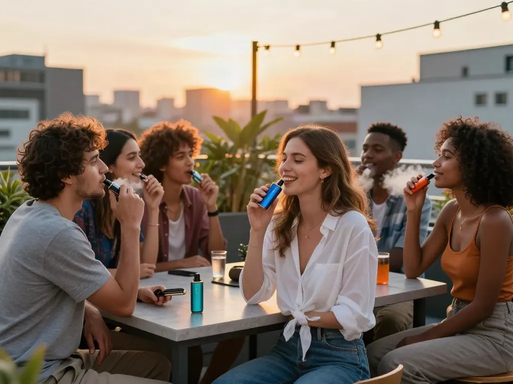 Group of friends enjoying Flum disposable vapes on a rooftop terrace at sunset, creating a vibrant social atmosphere.