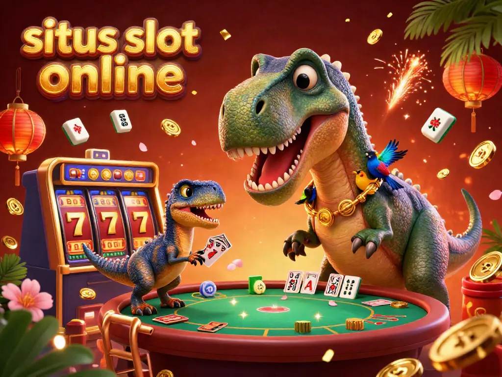 Permainan di situs slot online yang menampilkan dinosaurus kartun dan elemen kasino menarik lainnya.