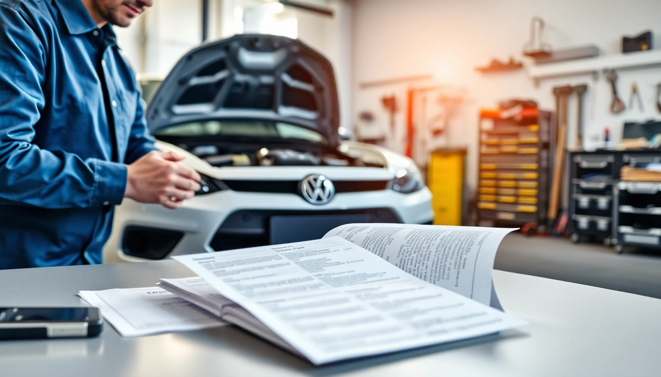 Mechanic examining extended car warranty for used cars paperwork, promoting vehicle protection.