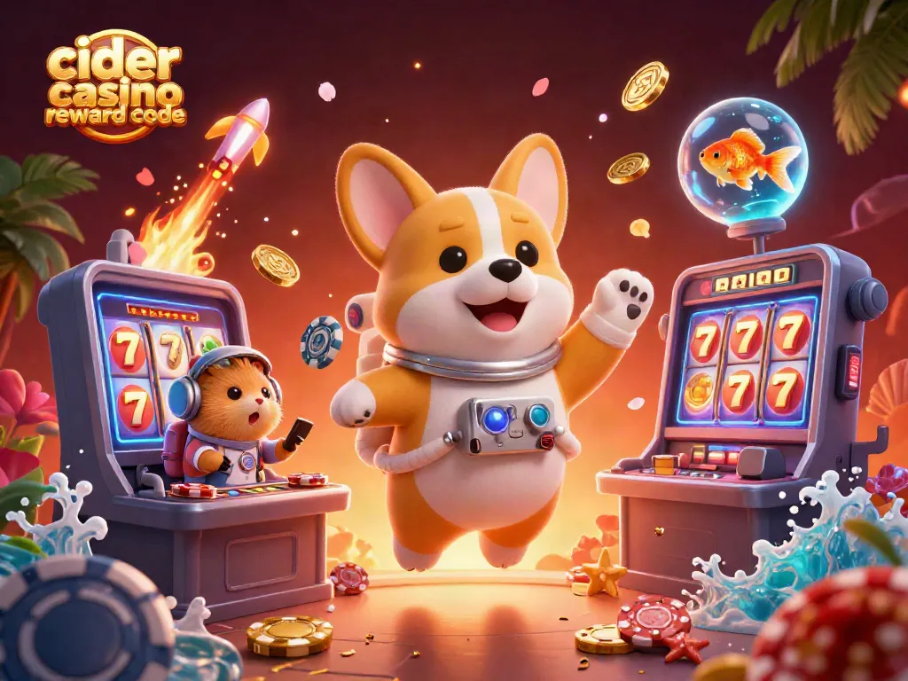 Win prizes effortlessly with cider casino reward code in a vibrant animated space casino scene.