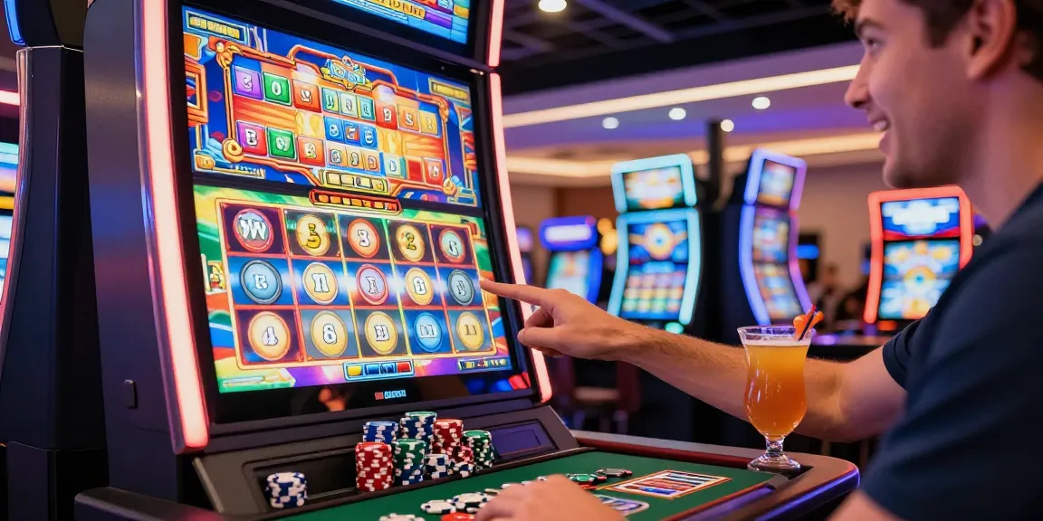 Player enjoying a slot bonus at a casino machine, vibrant graphics and chips around.