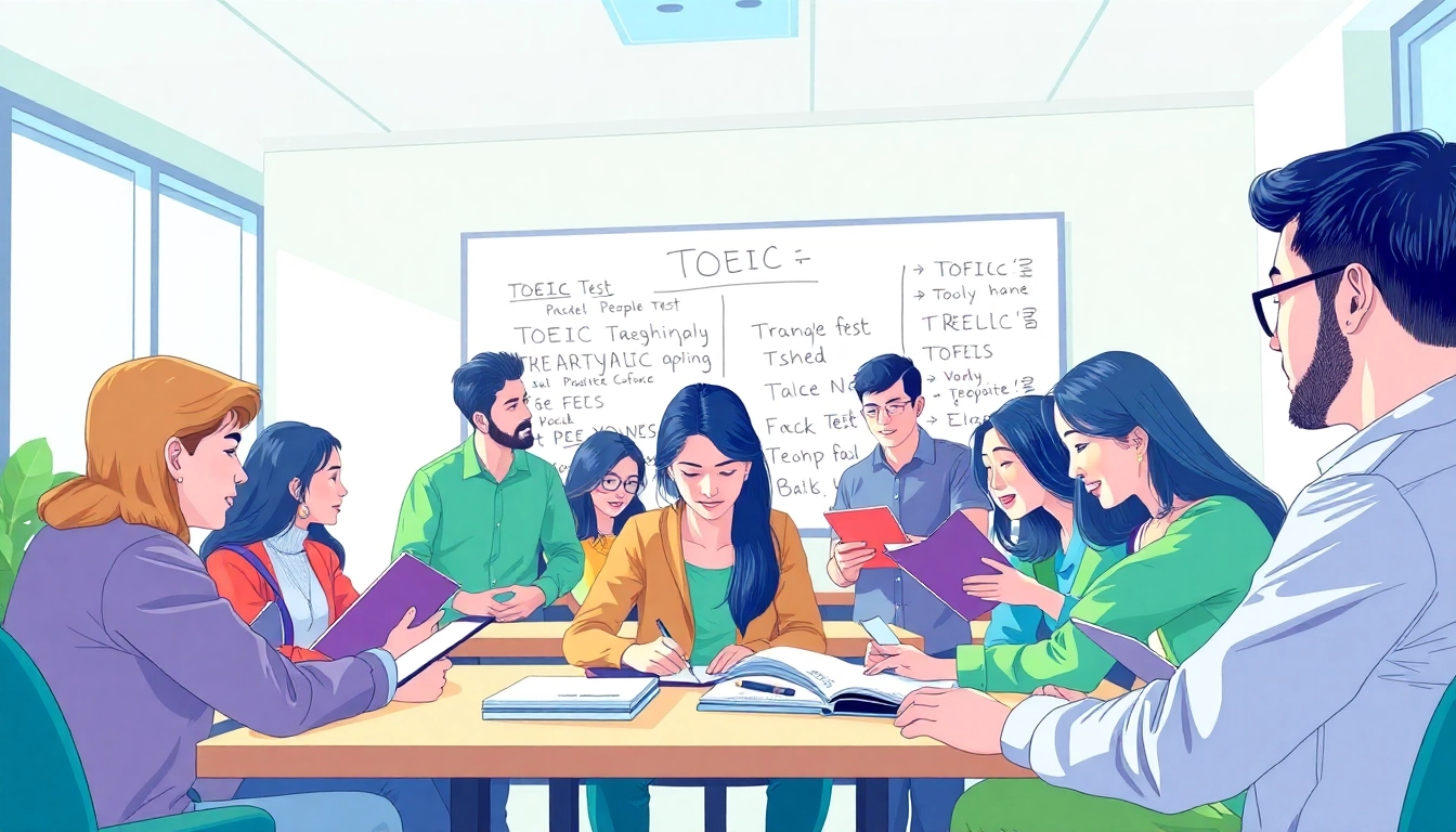Group of TOEIC test takers for hire collaborating over study materials in a bright study room.