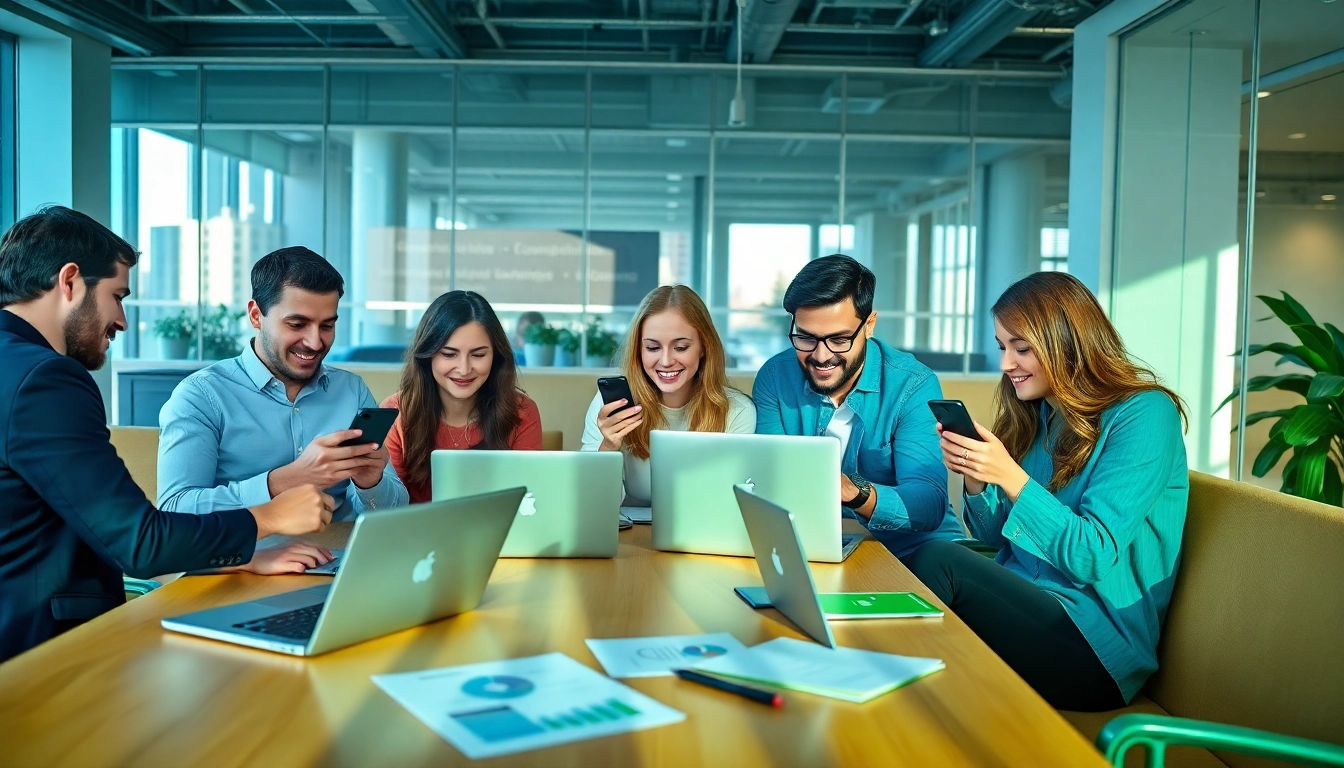 A dynamic social media agency team brainstorming strategies in a modern workspace.