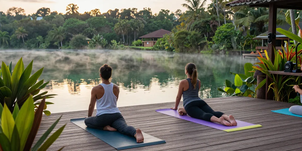 Vinyasa yoga retreat Sri Lanka with practitioners enjoying a peaceful lakeside session amidst tropical scenery.