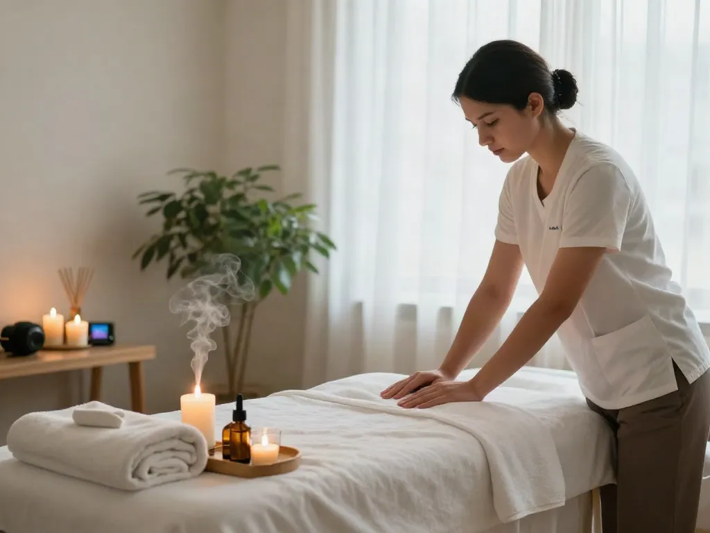 Experience the serenity of 산본출장마사지 in a calming massage room setting.