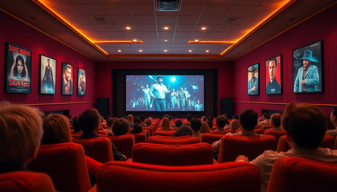 ดูหนังในโรงภาพยนตร์อบอุ่นเต็มไปด้วยผู้คนตื่นเต้น