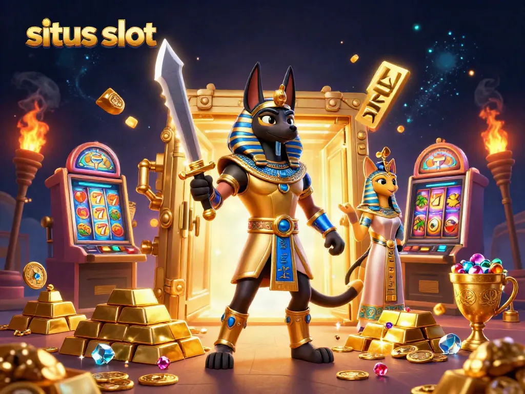 Spin the reels of situs slot with Anubis and Bastet in a treasure-filled casino.
