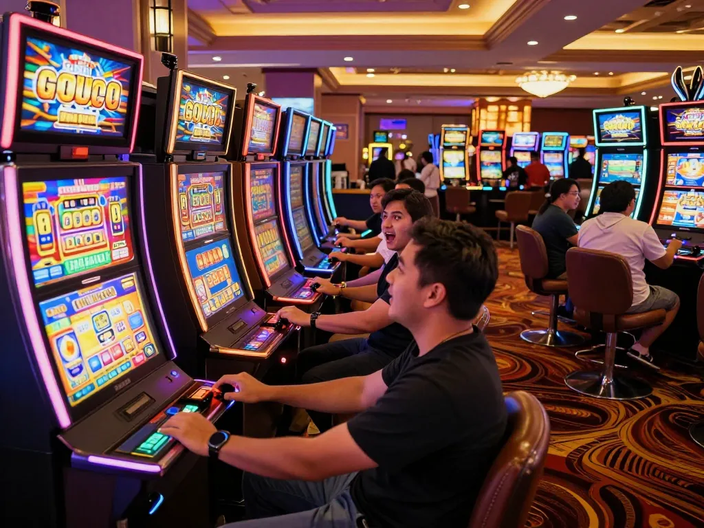 Exciting scene of players winning on slot gacor machines in a vibrant casino atmosphere