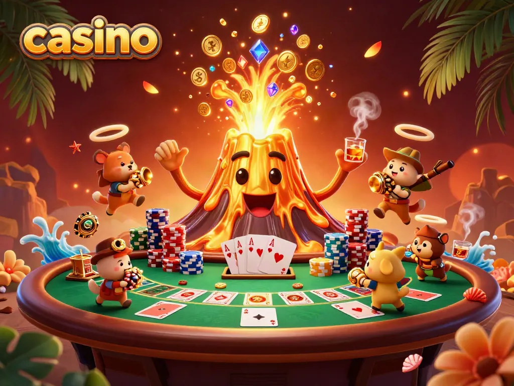 Experience the thrill of a casino with a triumphant golden volcano spewing treasure amidst vibrant poker elements.