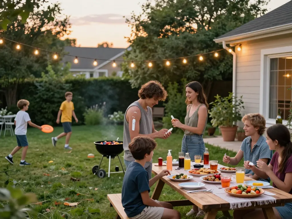 Families applying mosquito repellent while enjoying a summer barbecue gathering outdoors.