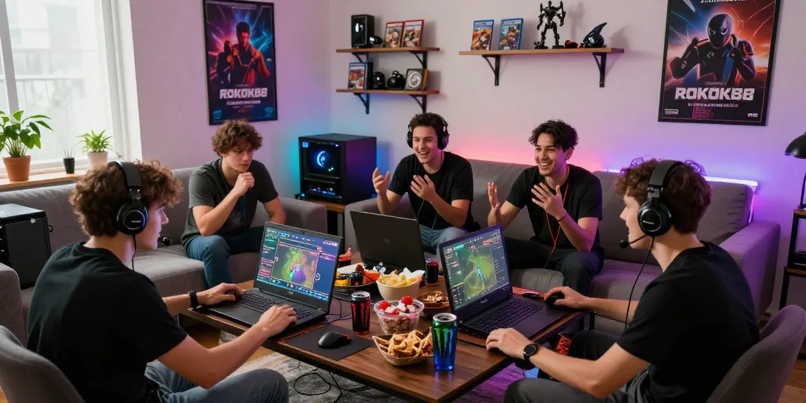 Engaged friends playing ROKOK88 with vibrant atmosphere and gaming setup