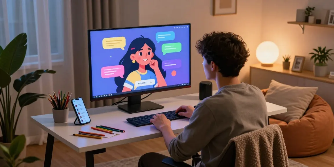 Interactive NSFW AI chat session in a cozy home office with animated characters and engaging digital environment.