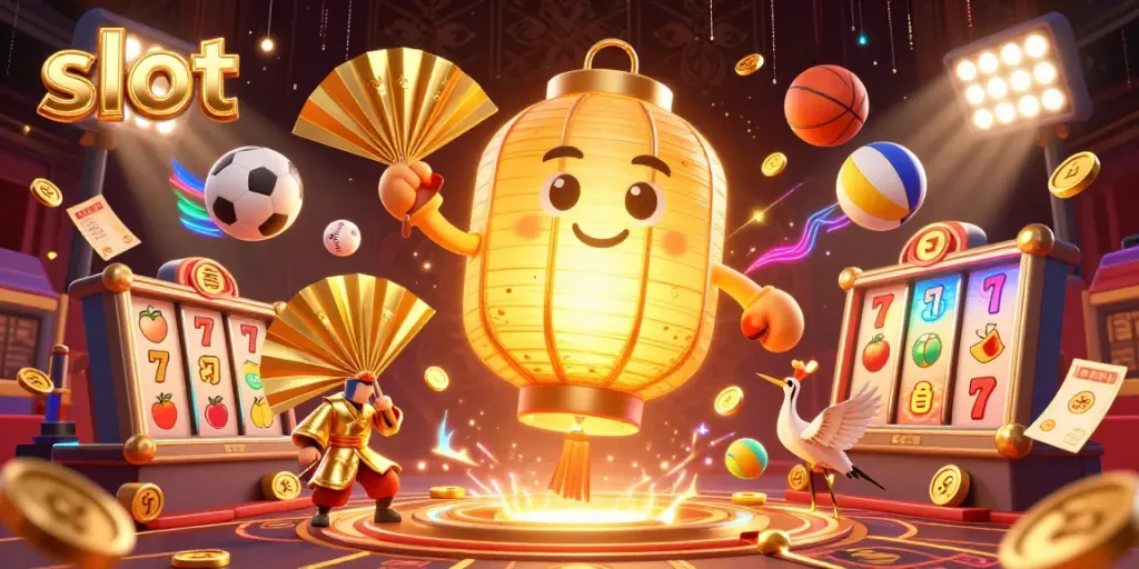 Permainan slot dengan simbol beruntung dan elemen kasino yang bercahaya dalam ilustrasi 3D.