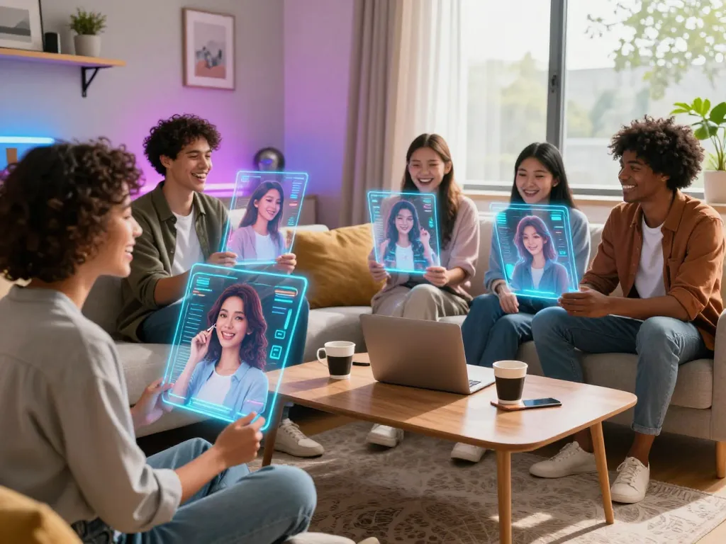 Young adults interacting with AI girlfriend interfaces in a cozy living room, showcasing modern companionship technology.