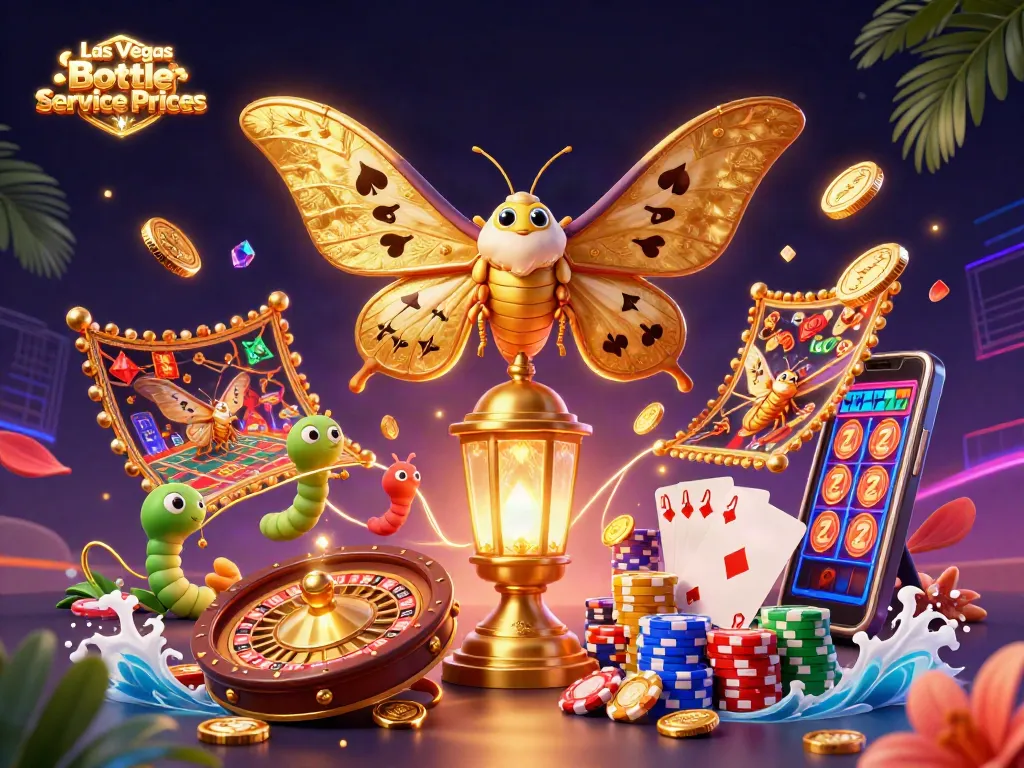 Experience Las Vegas Bottle Service Prices with vibrant casino-themed 3D illustration showcasing dynamic gold elements.