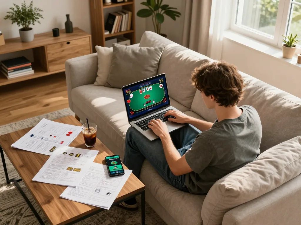 Playing casino online stranieri sicuri from home with an engaging poker game displayed on the laptop.