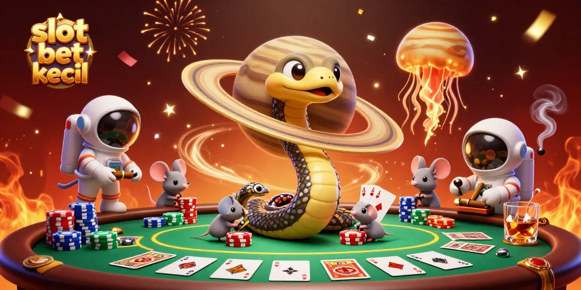 Engaging scene with astronaut mice betting on slot bet kecil as a Jupiter-sized jellyfish dealer presides over.