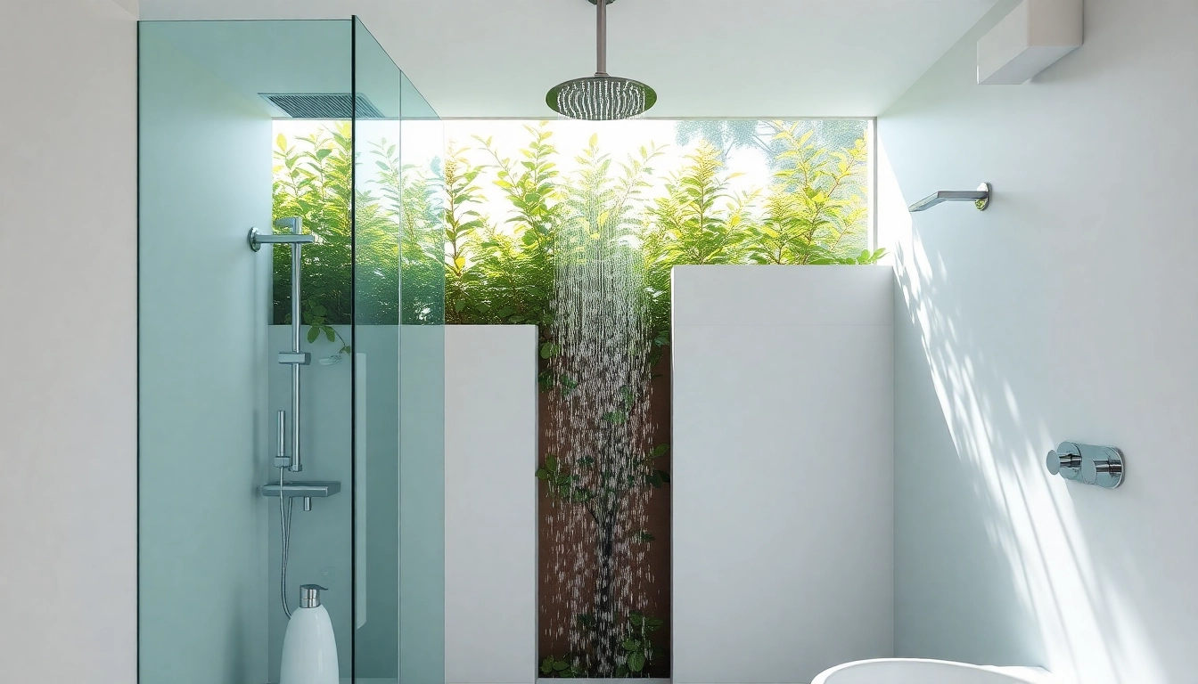 Experience elegant showers au in a luxury bathroom featuring modern designs and greenery.