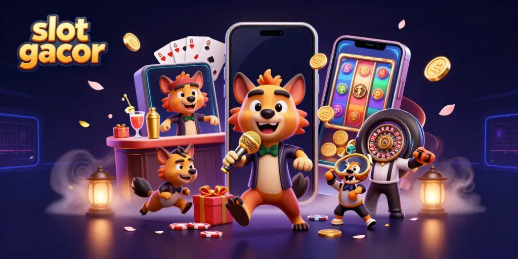 Slot gacor memperlihatkan 3D kartun hyena di klub kasino komedi, aktif dengan permainan slot mengelilingi mereka.