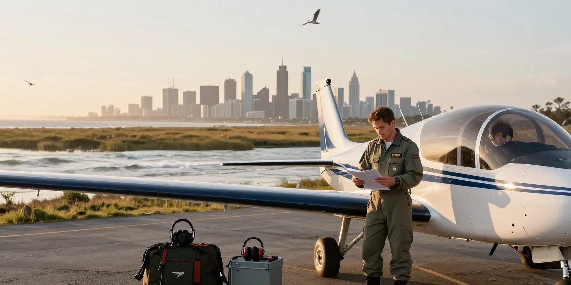Pilot license training near me showcased with student examining aircraft manual next to a Cirrus plane, inspiring coastal sunrise.