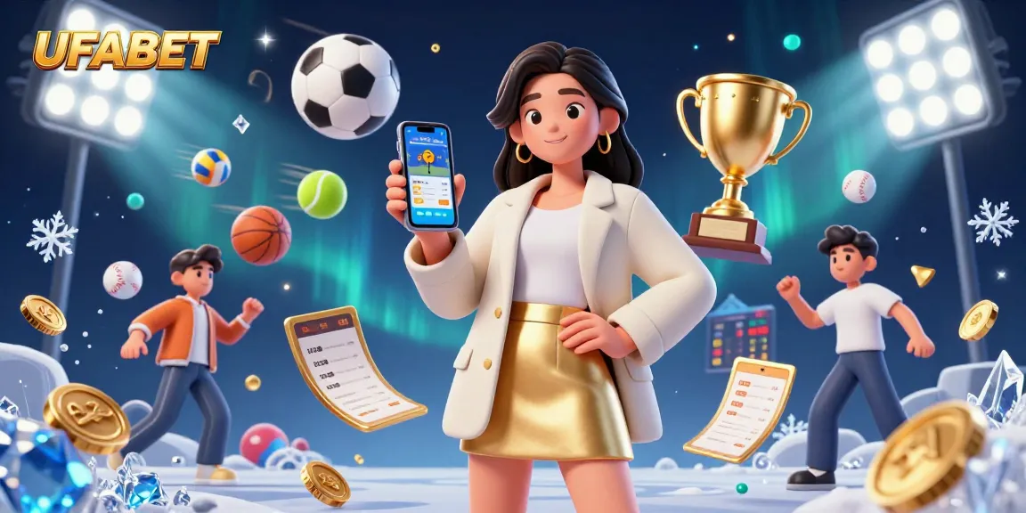 Experience thrilling sports betting with UFABET through a smartphone app, surrounded by dynamic gaming elements.