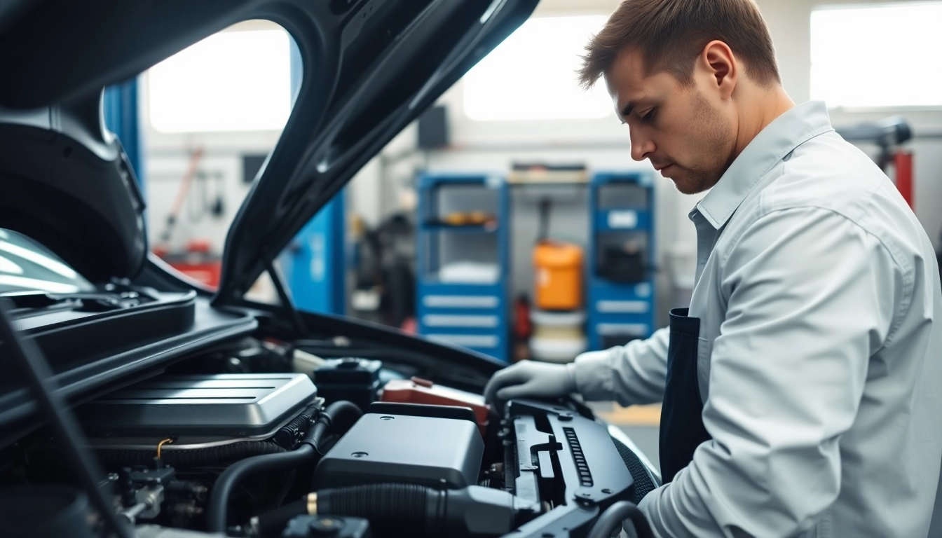 Inspecting engine for extended car warranty for used cars with a mechanic in a garage.