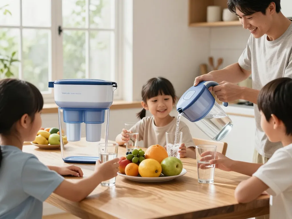Family enjoying healthy filtered water from Waterdrop Plus 5231JA2002A NSF 401&53 Refrigerator Water Filter in bright kitchen.