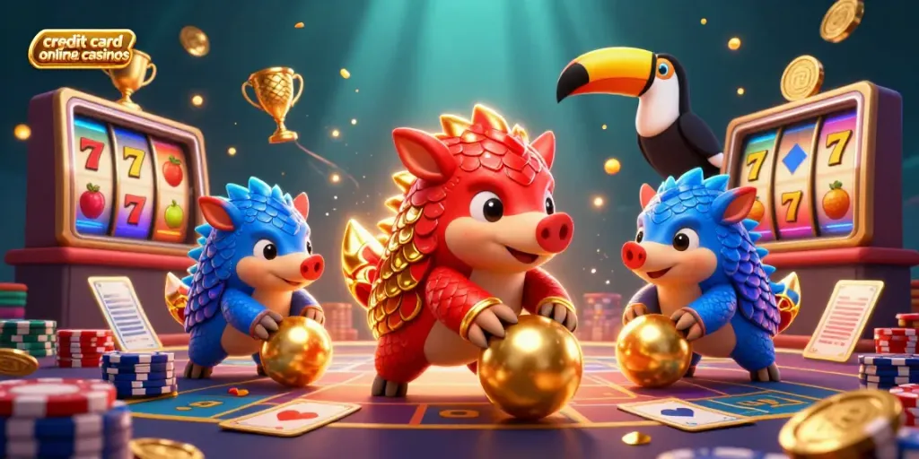 Competitive scene of rival pangolins promoting credit card online casinos amidst flying slot game elements.