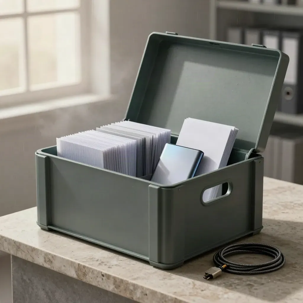 CRM migration kit on stone plinth with crate, sleeves, SSD, divider cards, and cable