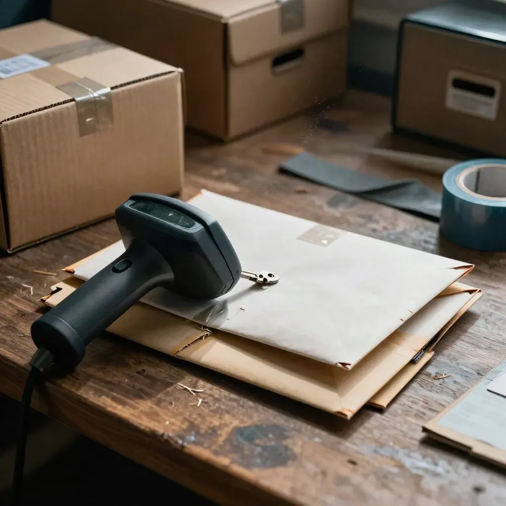 Courier envelopes, handheld scanner, and archive boxes on a walnut bench in dramatic light.